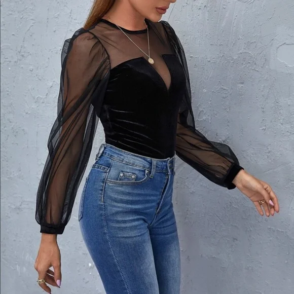 Velvet Sheer Mesh Sleeve Black Top Shirt Blouse - Picture 5 of 5